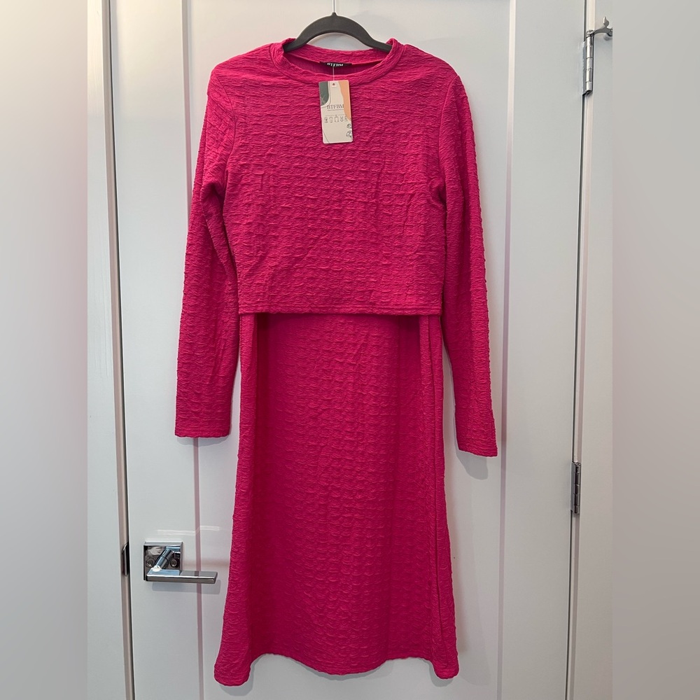 Chic Long Sleeve Pink Dress and Top Set